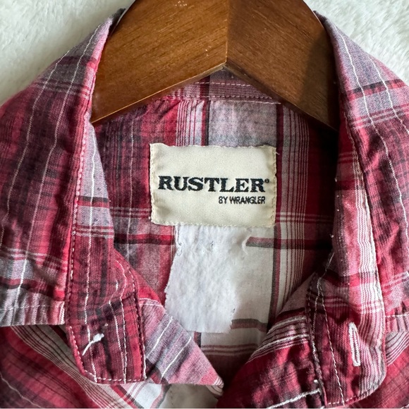 Rustler By Wrangler Shirt Mens Medium Large Red Plaid Pearl Snap Short Sleeve - Picture 7 of 9